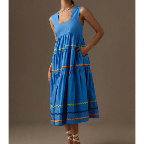The Helena Square-Neck Tiered Midi Dress: Smocked Scallop Edition XXS Petite - Picture 1 of 4